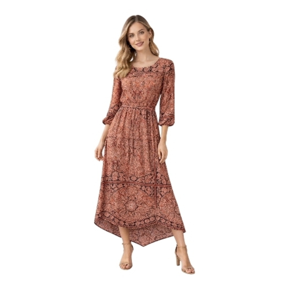 Nurture Paisley Midi Dress Medium Boho Rust Terracotta Elastic Waist V Hem